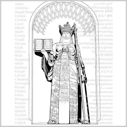 A coloring sheet featuring an iconic statue at the Central Library.