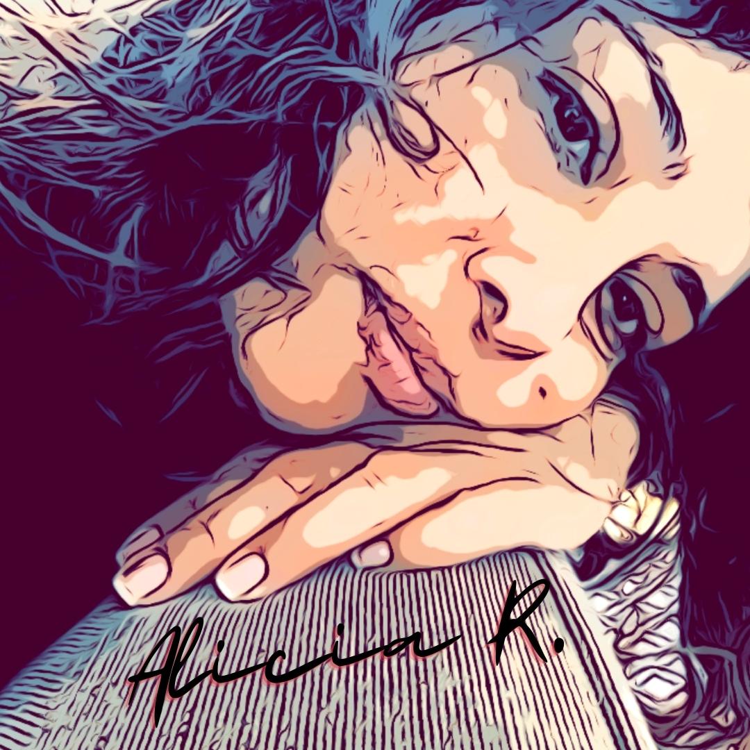 Alicia looks soulfully into the distance, her cheek resting on one hand.
