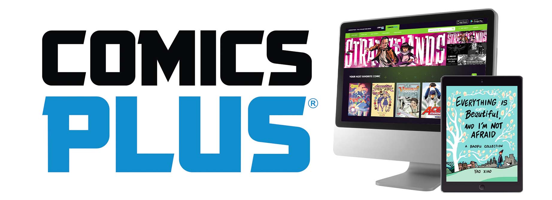 Comics Plus logo, desktop computer and tablet with book cover image.