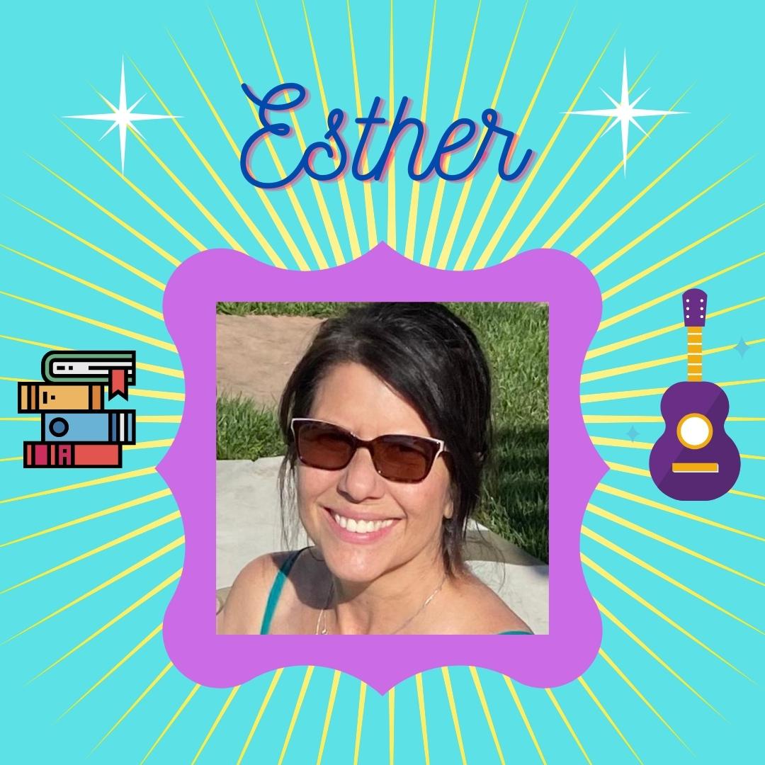 Esther wears a pair of sunglasses and smiles at the camera while surrounded by a guitar, books, and other favorite things.