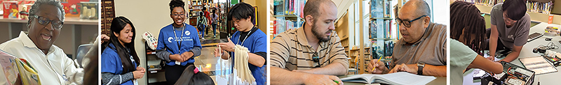 Different images showing people reading and learning at the library.