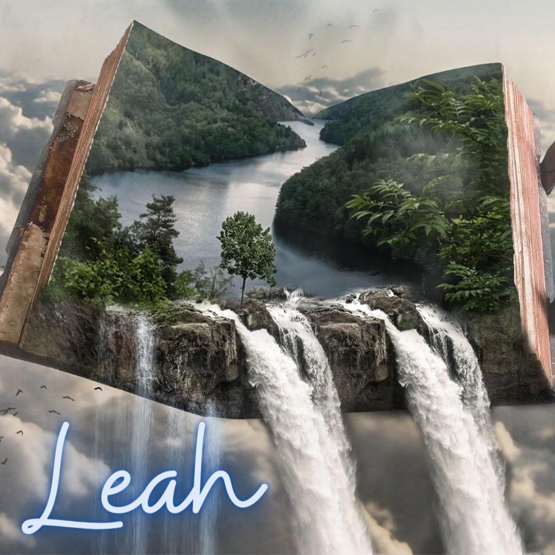 A waterfall flows out of a book, representing Leah’s love of reading and imagination.