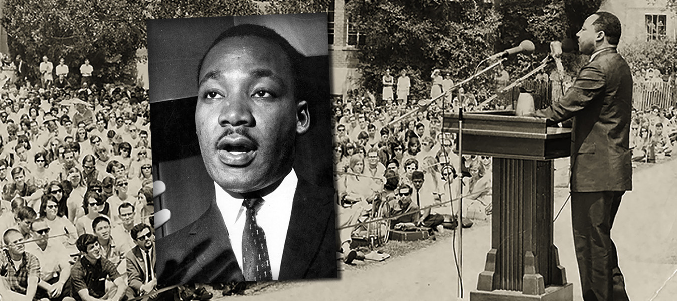 Martin Luther King speaks to a large crowd on the campus of UCLA in 1965.