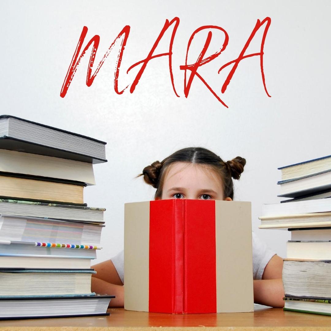 A young girl surrounded by stacks of books represents Mara’s lifelong love of reading.