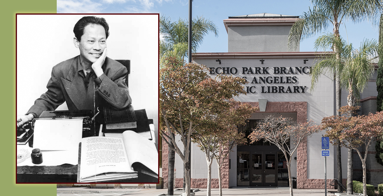 Carlos Bulosan and the exterior of the Echo Park Library