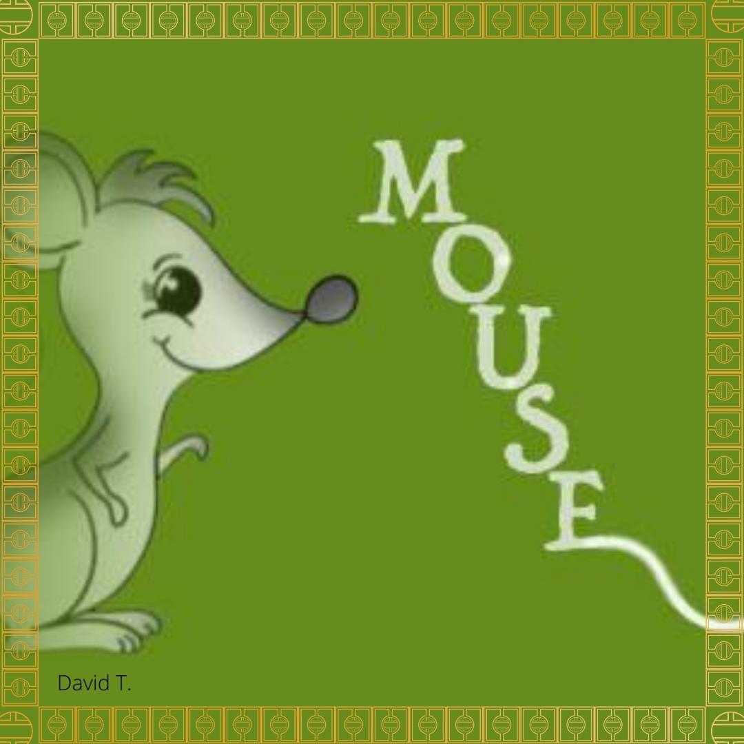 A cute cartoon mouse grins to the side against a green background.