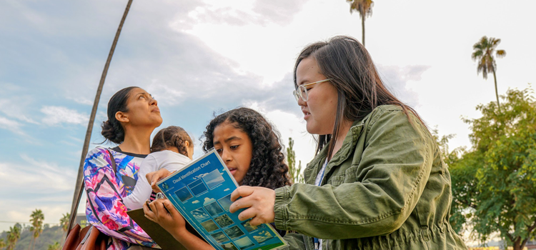 kids participating in a cloud identification class outside the library