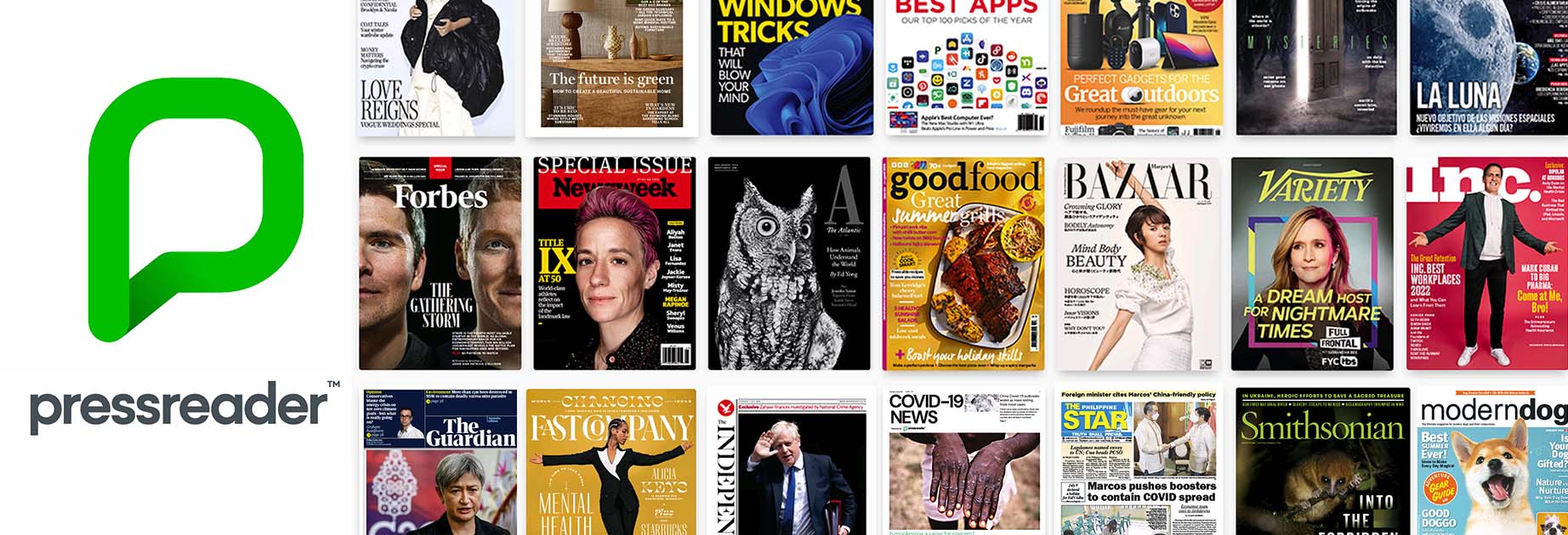 collage of PressReader logo, a news article, newspaper front pages, and magazine covers