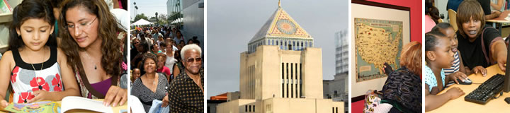 A young woman and girl reading a book together; a crowd attending a
library event; exterior view of Central Library; a woman viewing an exhibit; and
a librarian assisting children at a computer