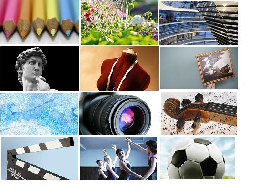 tiled thumbnail images of multicolored pencils, flowers, an architectural interior, sculpture, tailoring supplies, artwork, watercolor painting, a camera, violin, director’s clapboard, ballet dancers, and a soccer ball