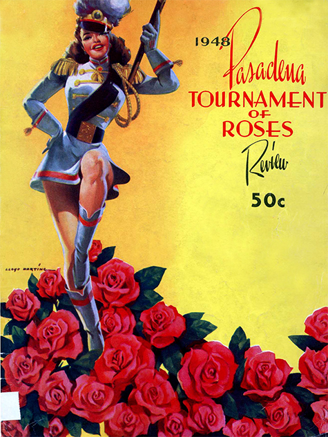 women in uniform standing on a rose parade float