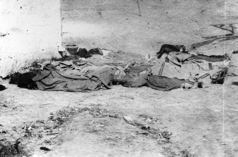 The bodies of 17 Chinese men and boys lie in the Los Angeles jail yard on October 24, 1871, the results of the Chinese massacre.  