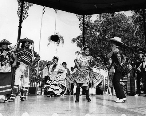 Dancers at the first day of the Cinco de Mayo celebration on Olvera Street, at the Plaza, on May 4, 1975