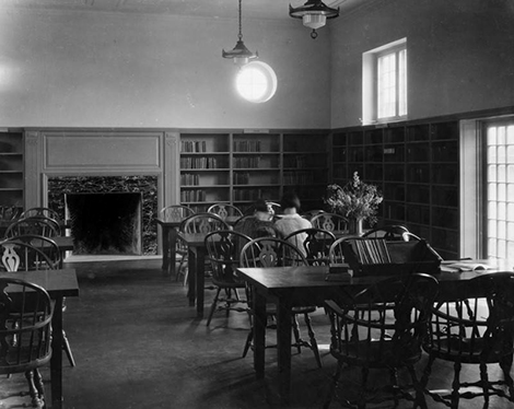View of the Adult Reading Room and fireplace in the Cypress Branch Library.