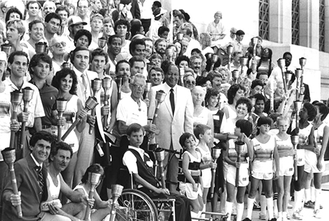 Mayor Tom Bradley with the torchbearers, chosen to represent the diversity of the community. 