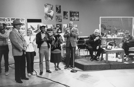 ARCO Chairman and CEO Lod Cook, Central Library Director Betty Gay, Assistant City Librarian Tom Alford, Library Commissioners Martha Katsufrakis, Ronald Lushing, City Librarian Wyman Jones, and Gene Scott