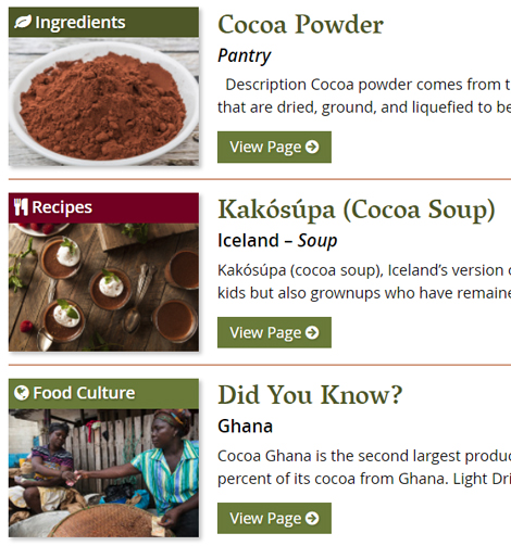screen shot from the A to Z World Food database