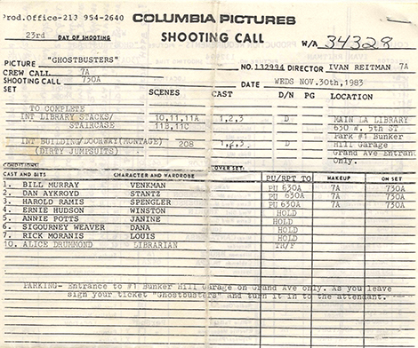 shooting call sheet for ghost busters film