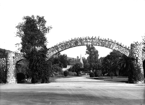 The old stone gate at the entrance to Forest Lawn.