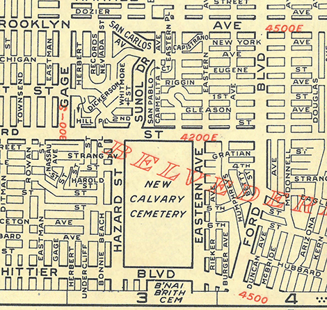 New Calvary-  when Old Calvary became overcrowded many of the graves were moved out to this 137 acre spread at the edge of East Los Angeles in 1896. 