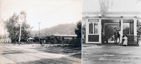 Showing two views of the entrance to the South Pasadena farm with the tracks of the Pacific Electric rail visible in the foreground.