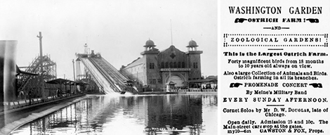 (Left) A view of Washington Gardens before the main pavilion burned down. Security Pacific Bank Collection. Los Angeles Public Library. (Right) An advertisement from the Washington Gardens Ostrich Farm and Zoological Gardens.