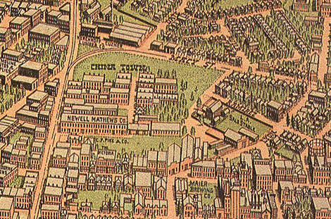 From 1909 masterpiece Birdseye Map of Los Angeles clearly showing boundaries of Chinatown, including buildings.