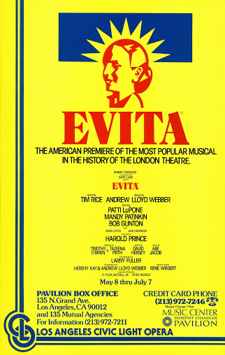 An original window card for the American premiere of Evita in Los Angeles