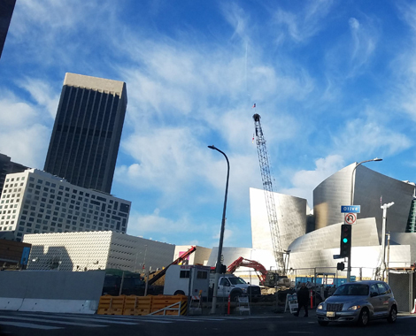 view of the Disney Concert Hall from Olive Street