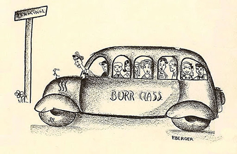 A sketch from the yearbook showing children from the school being driven to Terminal Island on what was evidently a class trip. [p.38] 