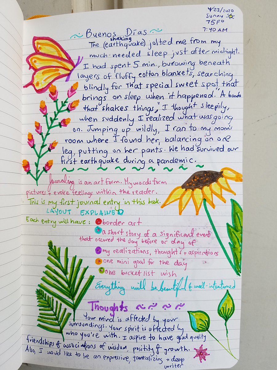  Diary entry that discusses the event of the 3.8 earthquake that hit Culver City during the pandemic. 