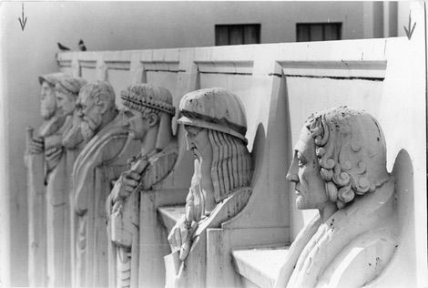 Close up of central library statues