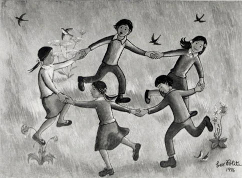 Mural of children playing ring around the rosy by Leo Politi