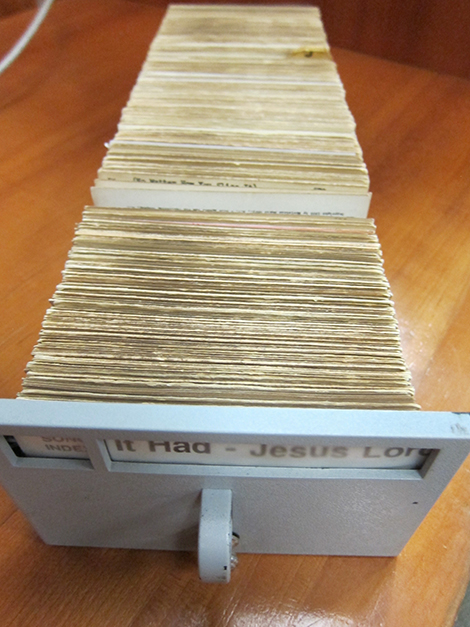 close up of a card catalog drawer