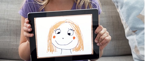 girl holding a drawing tablet of a girl with rosy cheeks