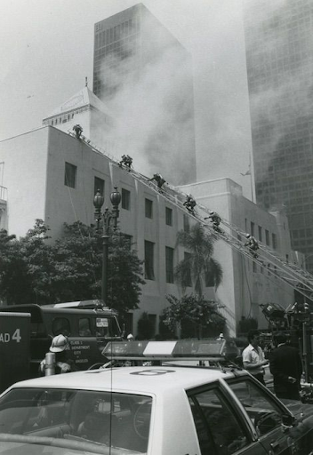 Firefighters working on a fire at the library