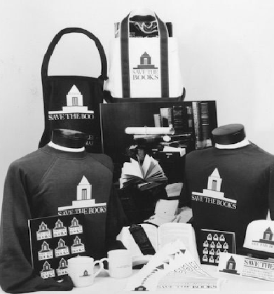 A variety of Save the Books merchandise