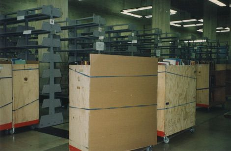 Packed-up books at the Spring Street location