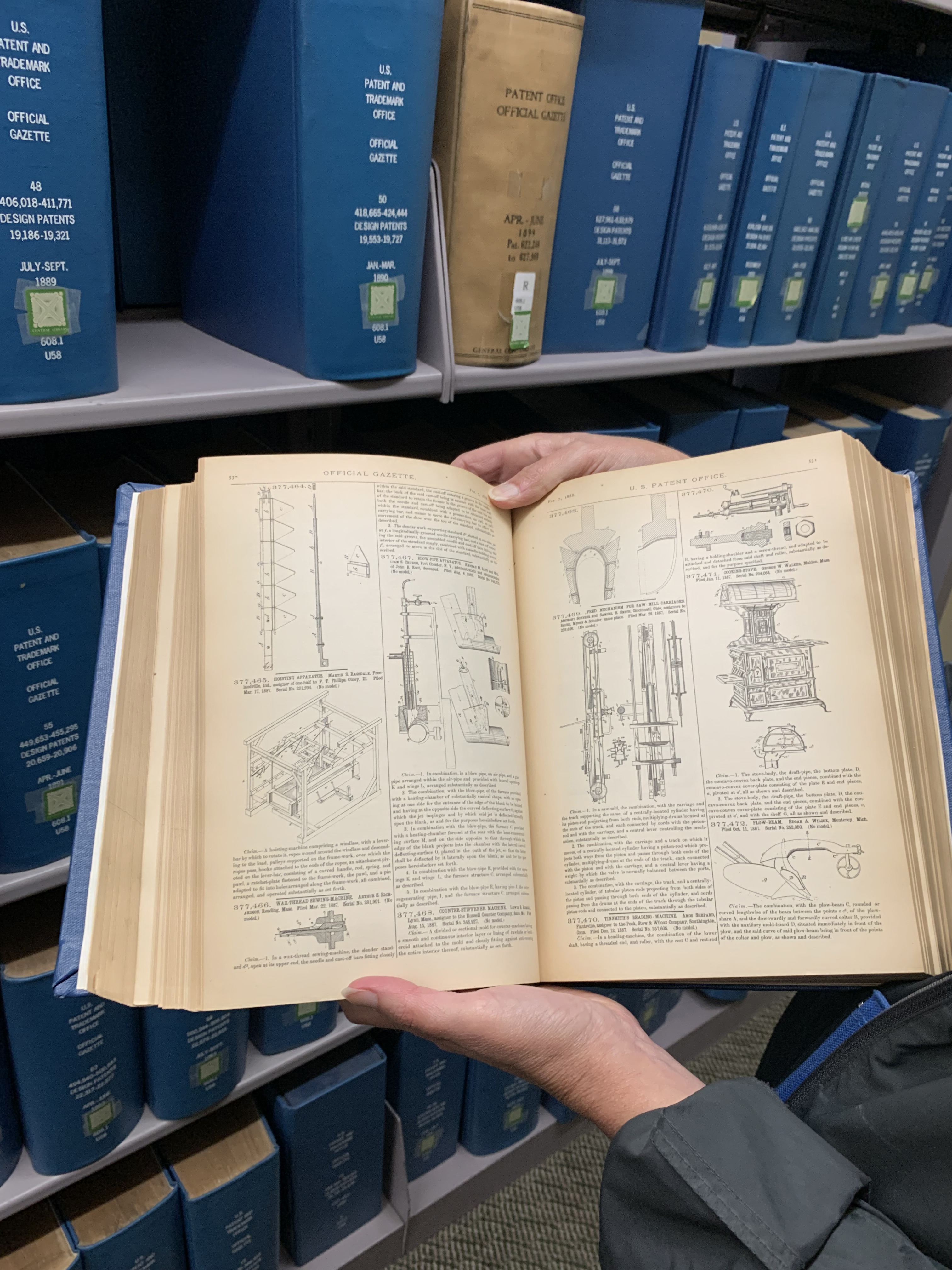 USPTO Gazette stacks held open for display