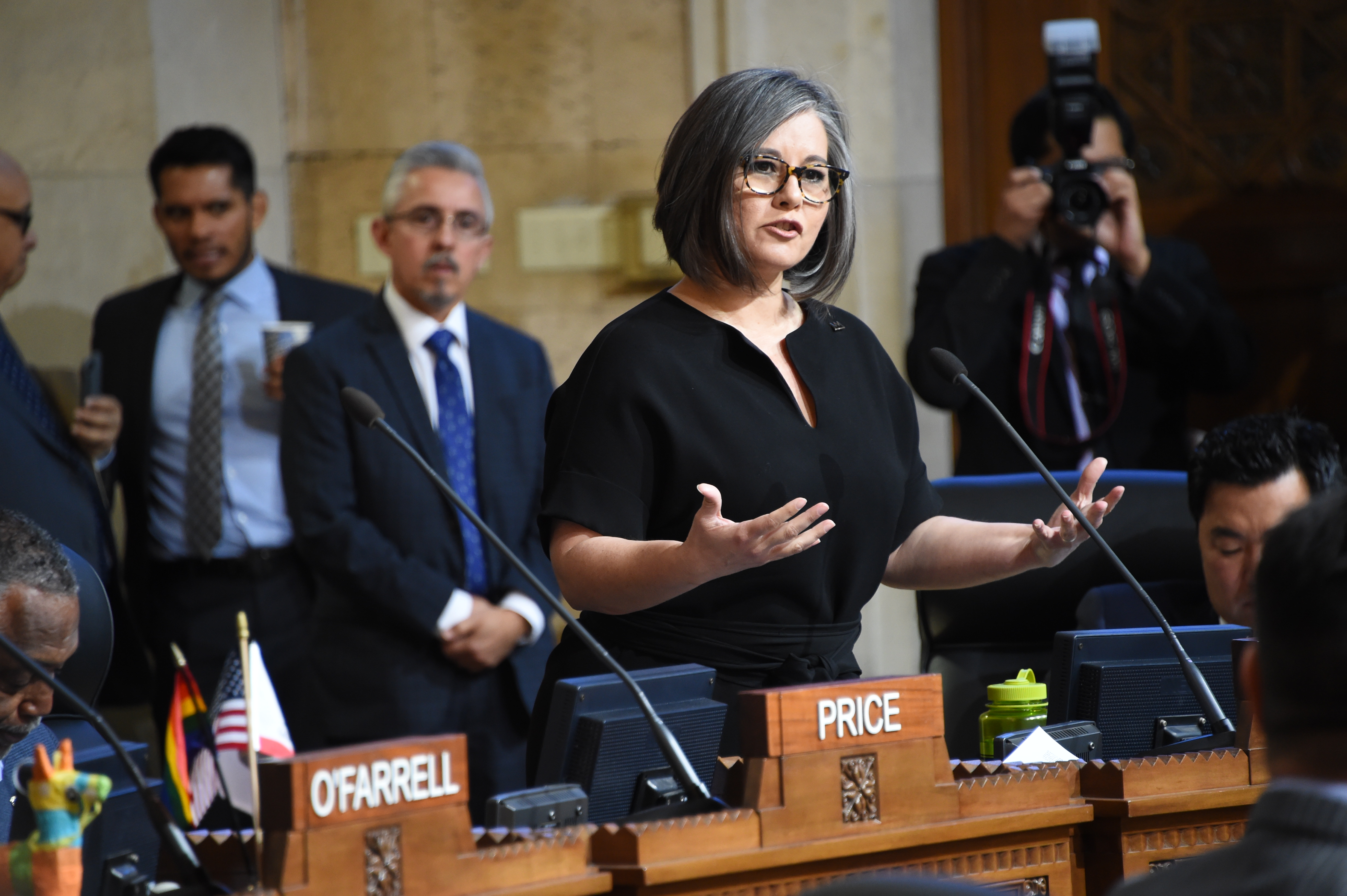 Councilmember Monica Rodriguez speaking at a council meeting