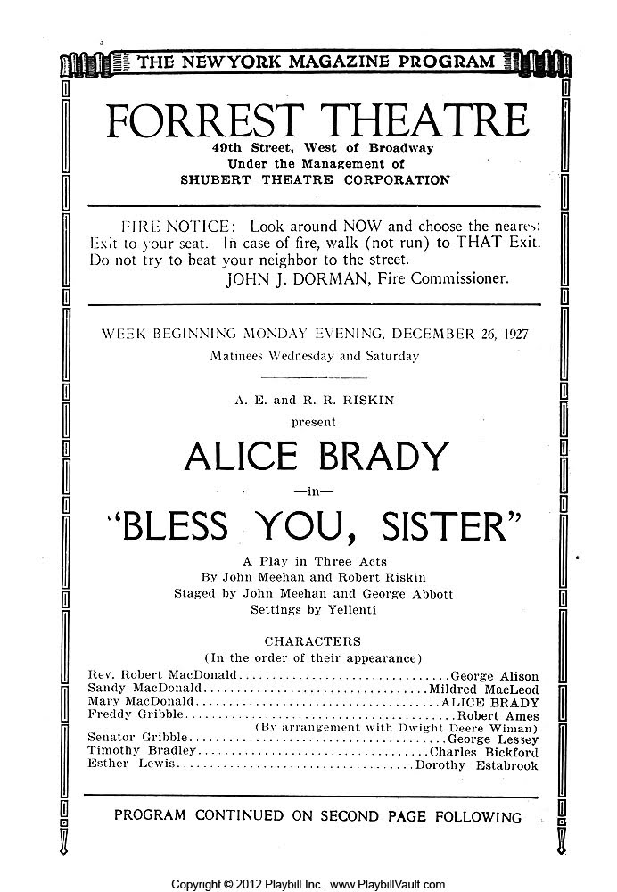 Program for Meehan and Riskin’s play “Bless you, Sister.”