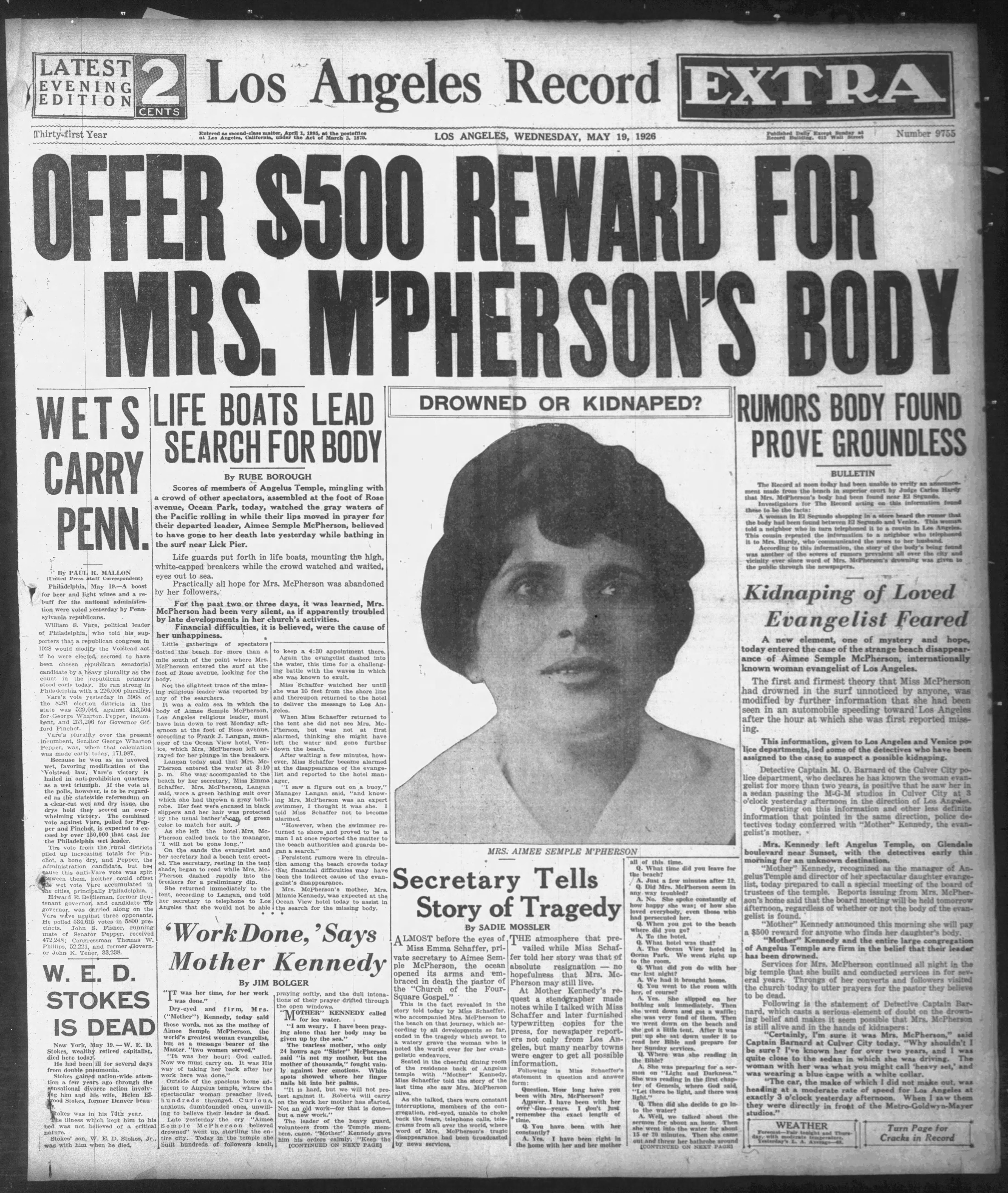 Aimee in the Los Angeles Record newspaper 1926