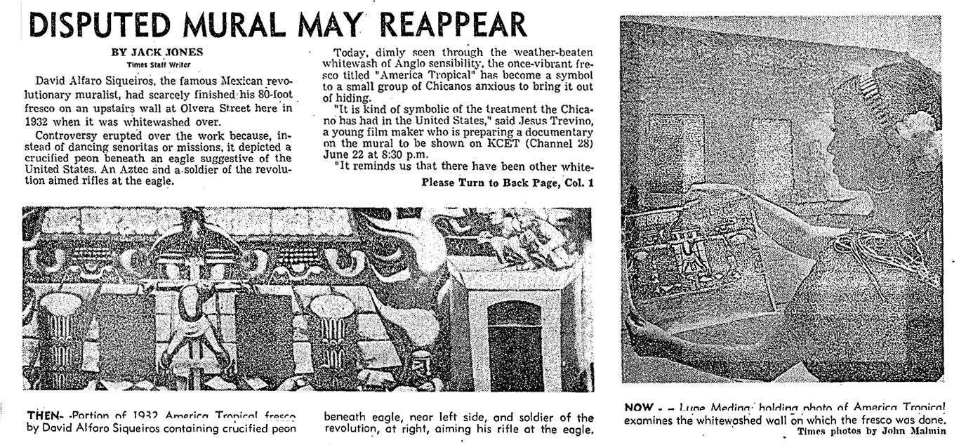 Los Angeles Times article by Jack Jones with photographs by John Malmin about restoration efforts and Jesus Treviño’s documentary