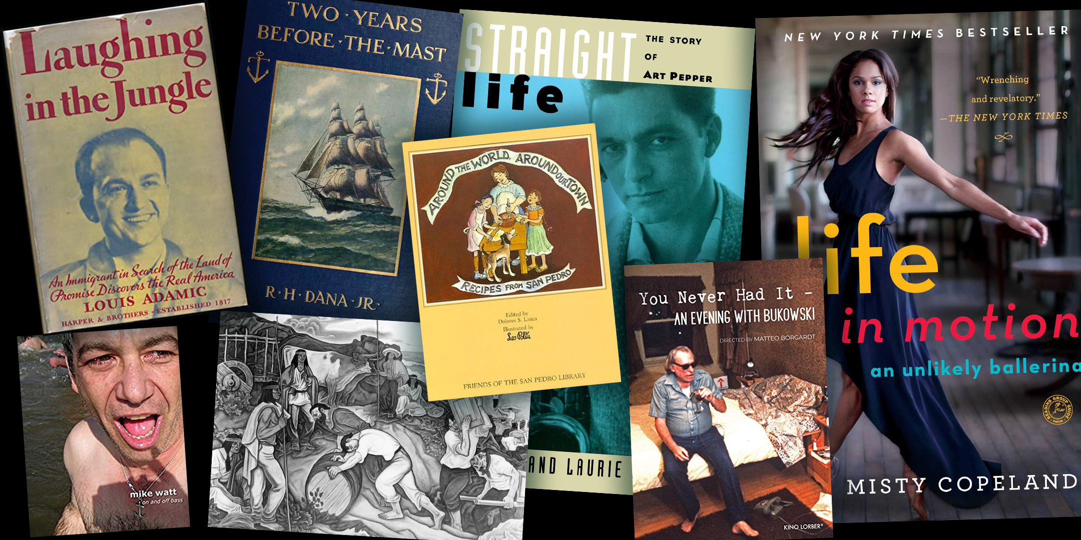 Collage of book covers representing San Pedro natives