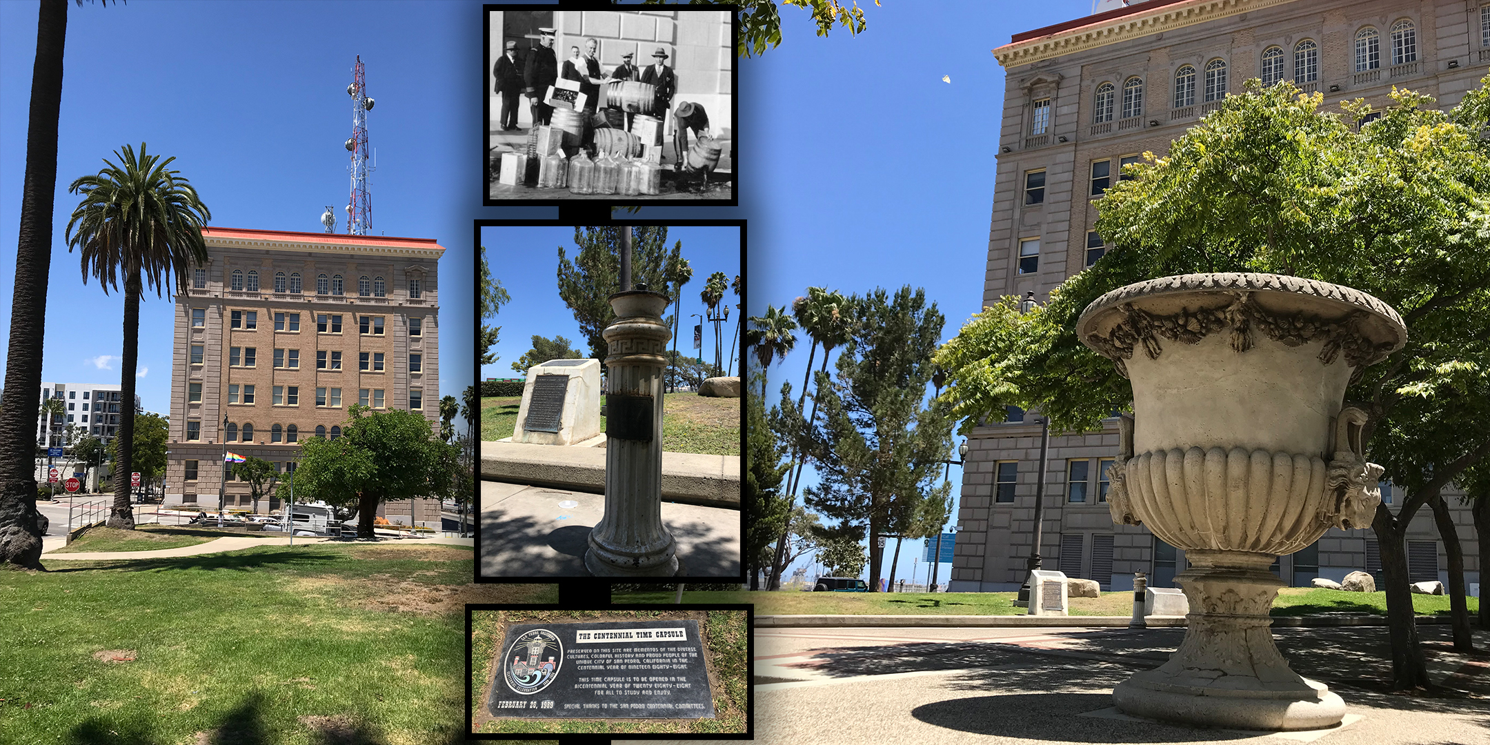 um raids in San Pedro, [1930]. Herald Examiner Collection; views of San Pedro’s Municipal Building, nearby memorials, and a nineteenth century drinking fountain