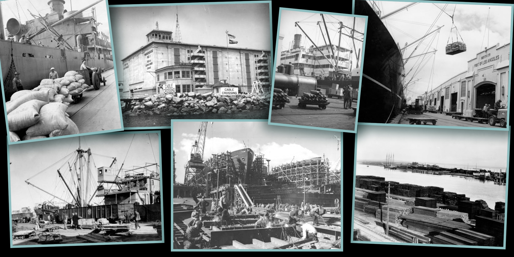 Longshoremen and cargo at Los Angeles Harbor