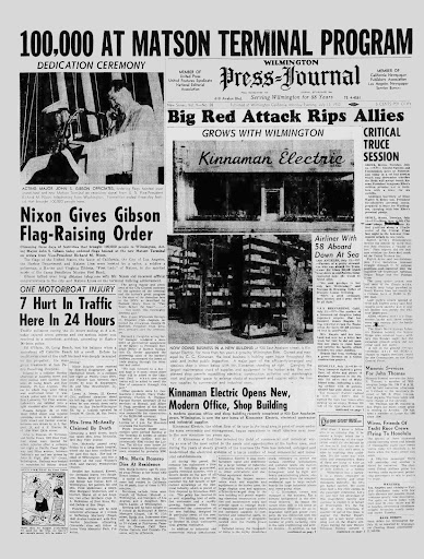 July 13, 1953 edition of the Wilmington Daily Press Journal. L.A. City Councilman John Gibson can be seen speaking on the telephone to Vice President Richard Nixon
