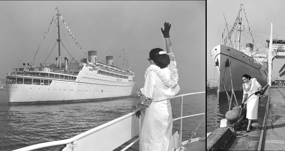 (Left) Tibbetts greeted the Lurline upon its first arrival. (Right) Tibbets tying Lurline’s lines to the dock