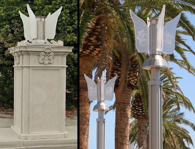 The cement pillars with the fin-shaped lights leading to the entrance to the Matson Terminal
