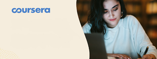 coursera logo and a woman looking st her laptop